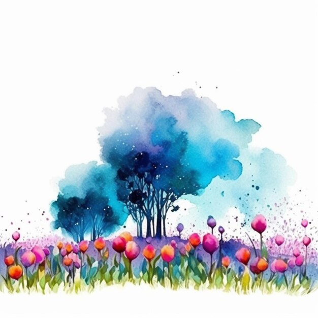 peinture à l'aquarelle d'un champ avec des fleurs et des arbres