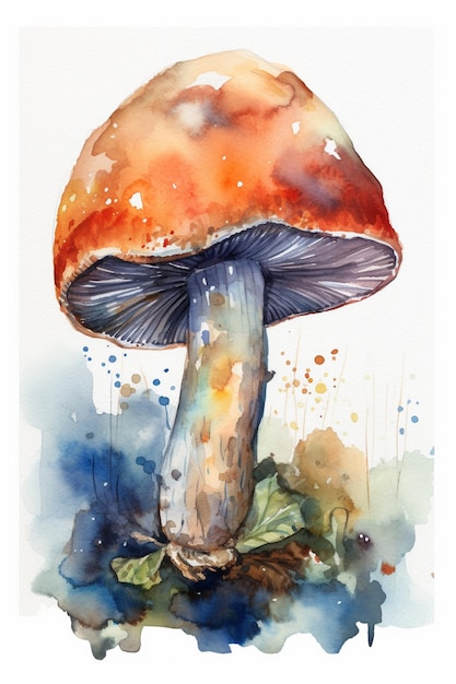 Une peinture à l'aquarelle d'un champignon avec un bonnet rouge et un bonnet blanc.