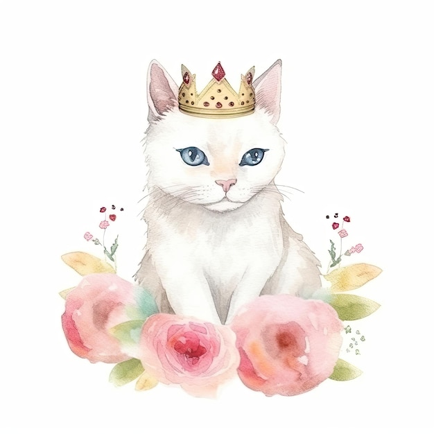 Peinture à l'aquarelle d'un chat blanc avec une couronne de fleurs et une couronne