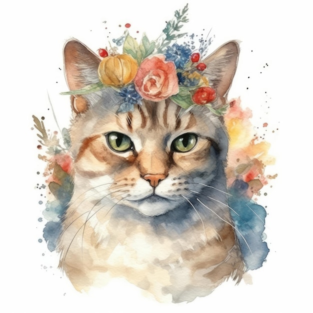 Peinture à l'aquarelle d'un chat avec une couronne de fleurs