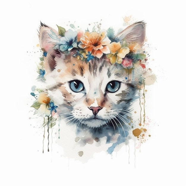 Peinture à l'aquarelle d'un chat avec une couronne de fleurs.
