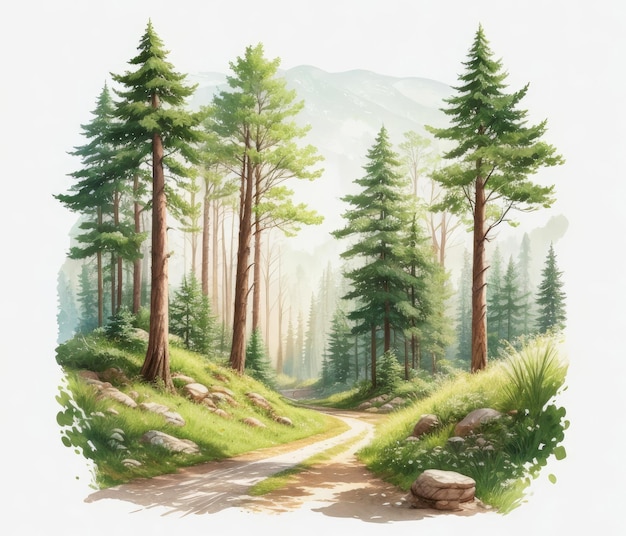 Peinture à l'aquarelle d'un chemin forestier avec une forêt en arrière-plan