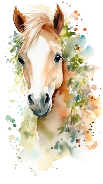 Peinture à l'aquarelle d'un cheval avec un visage blanc et un nez noir.