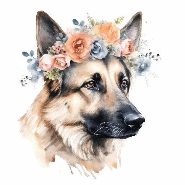 Peinture à l'aquarelle d'un chien de berger allemand portant une couronne de fleurs