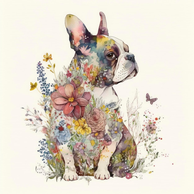 Une peinture à l'aquarelle d'un chien avec une couronne de fleurs.