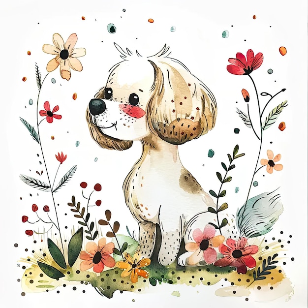 Une peinture à l'aquarelle d'un chien entouré de fleurs