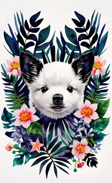 Une peinture à l'aquarelle d'un chien avec des fleurs et des feuilles.