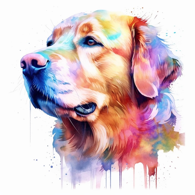Une peinture à l'aquarelle d'un chien avec un fond coloré.