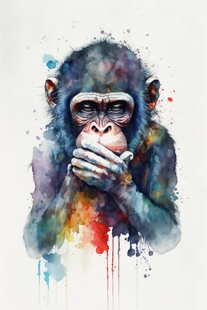 Une peinture à l'aquarelle d'un chimpanzé avec un visage peint à la main.