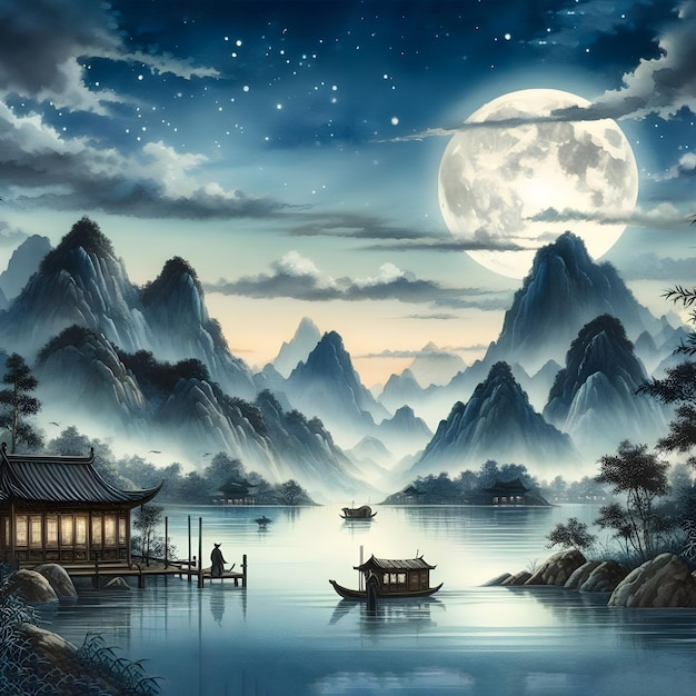 Une peinture à l'aquarelle chinoise classique avec de beaux paysages et des montagnes