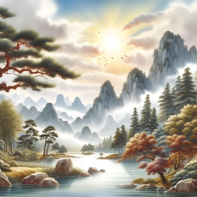 Une peinture à l'aquarelle chinoise classique avec de beaux paysages et des montagnes
