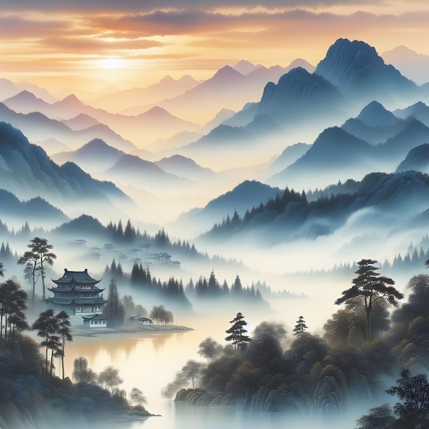 Une peinture à l'aquarelle chinoise classique avec de beaux paysages et des montagnes