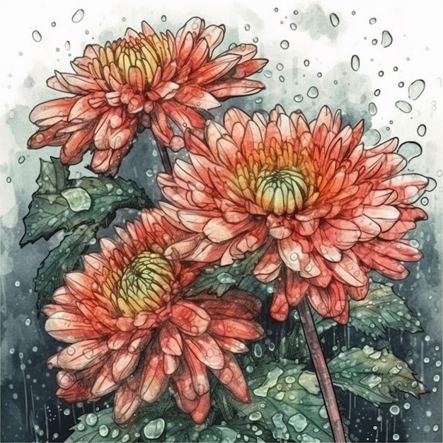 Peinture à l'aquarelle de chrysanthèmes frais