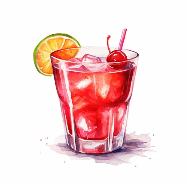 Une peinture à l'aquarelle d'un cocktail avec un citron vert sur le fond.