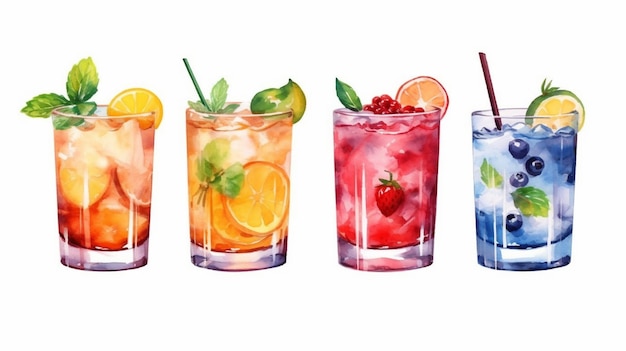Une peinture à l'aquarelle de cocktails aux saveurs différentes.