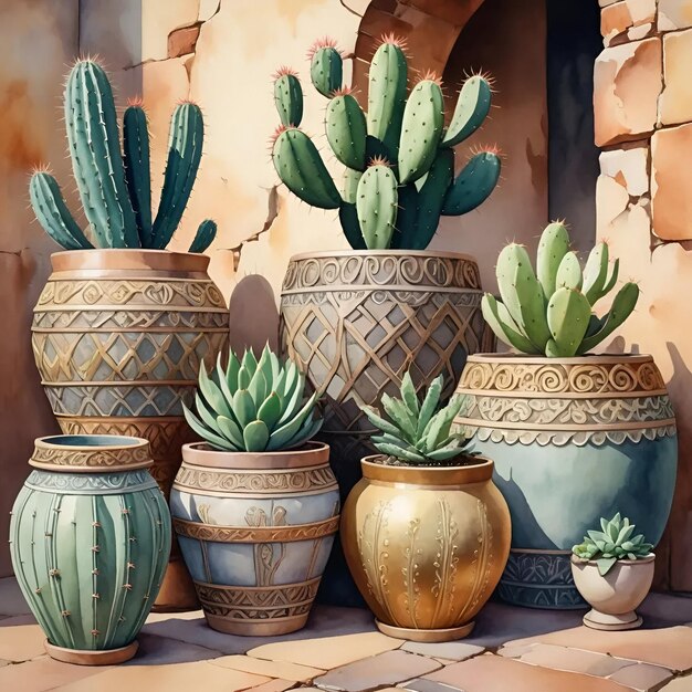 Peinture à l'aquarelle d'une collection de cactus et de plantes succulentes