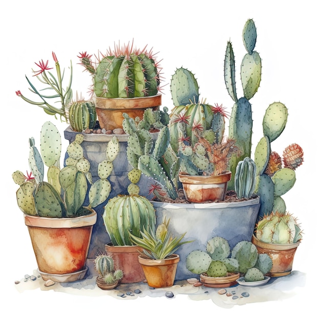 Peinture à l'aquarelle d'une collection de cactus