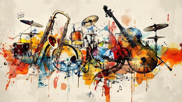 Photo peinture à l'aquarelle colorée d'instruments de musique le tableau présente un saxophone, des tambours, une basse et un piano