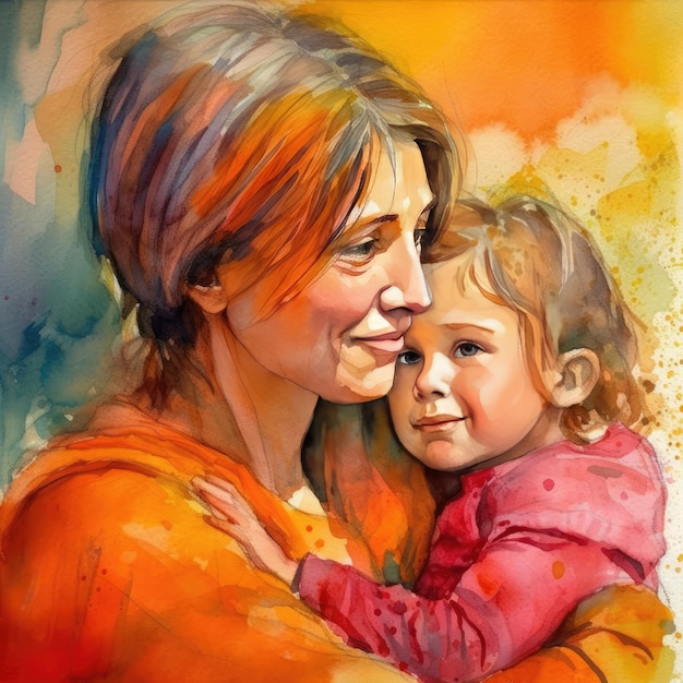 Peinture à l'aquarelle colorée d'une mère avec son enfant