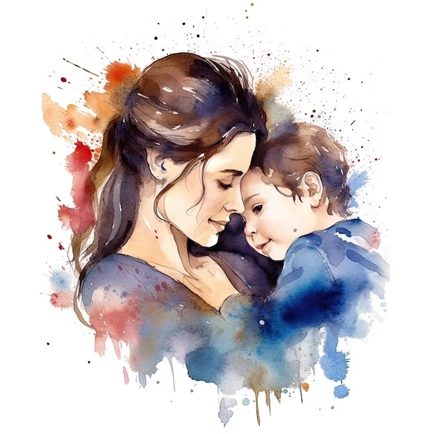 Peinture à l'aquarelle colorée d'une mère avec son enfant