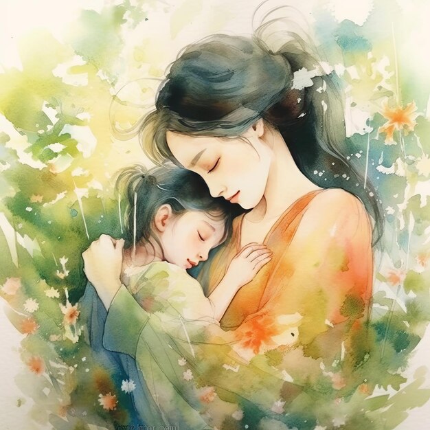 Peinture à l'aquarelle colorée d'une mère avec son enfant