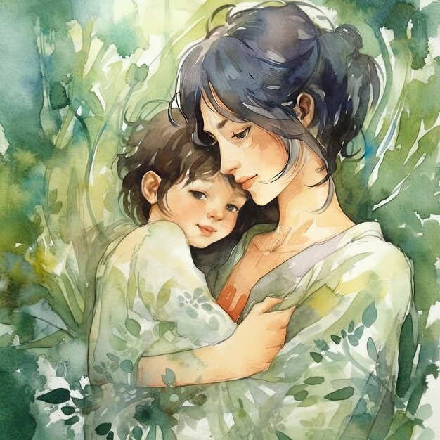 Peinture à l'aquarelle colorée d'une mère avec son enfant