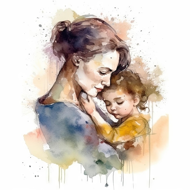 Peinture à l'aquarelle colorée d'une mère avec son enfant