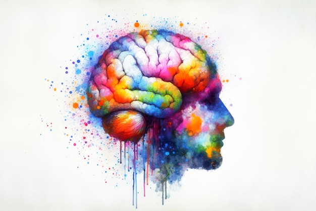 Peinture à l'aquarelle colorée moderne d'un cerveau humain éclaboussures de peinture vibrante sur fond blanc ai génératif