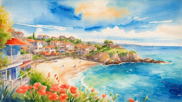 Peinture à l'aquarelle colorée d'un paysage côtier