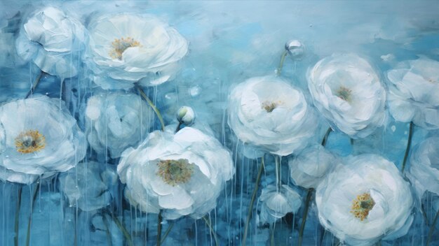 Peinture à l'aquarelle de coquelicots blancs sur fond bleu Art numérique fleurs de ranunculus