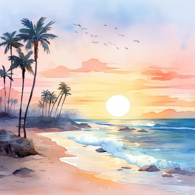 Peinture aquarelle de coucher de soleil sur la plage tropicale