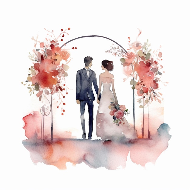 Une peinture à l'aquarelle d'un couple debout sous une arche avec des fleurs.