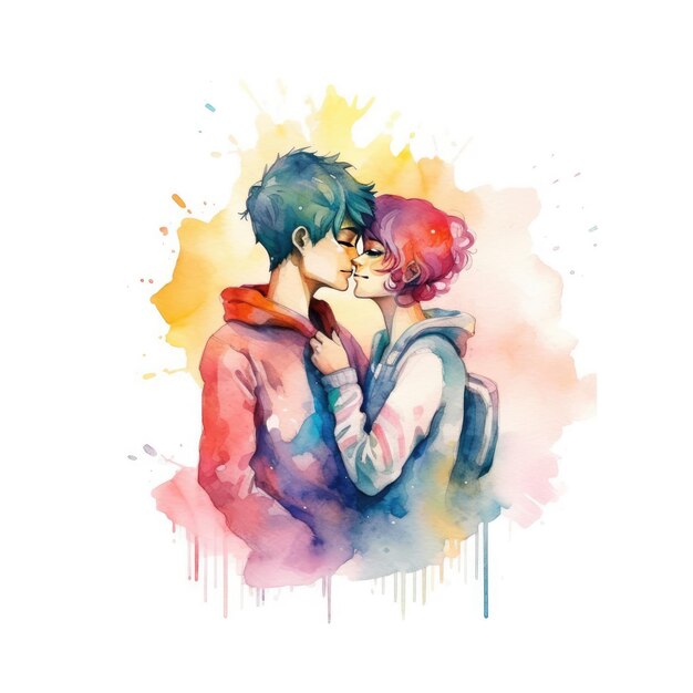 Peinture à l'aquarelle d'un couple LGBT de dix-huit ans