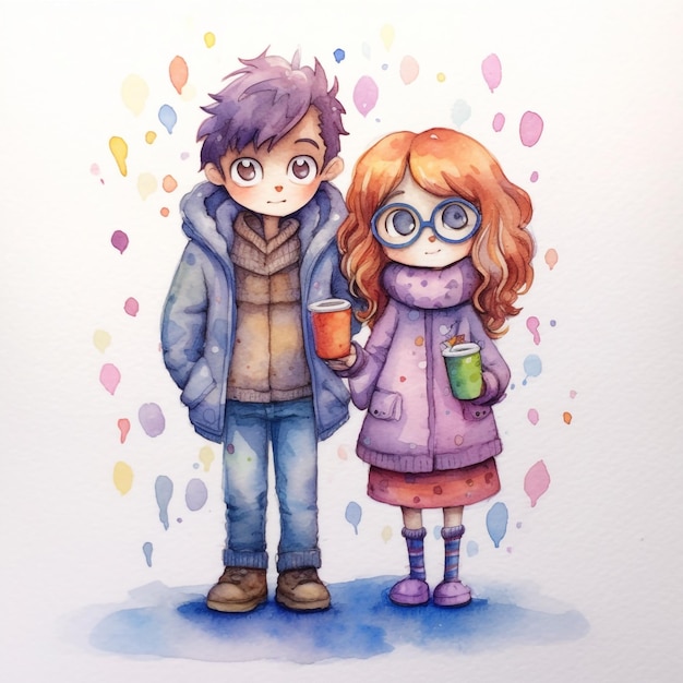 Une peinture à l'aquarelle d'un couple tenant des tasses et d'une fille tenant une tasse.