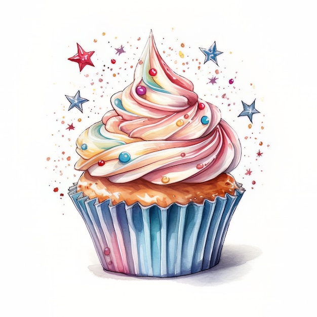 Une peinture à l'aquarelle d'un cupcake avec une étoile colorée.