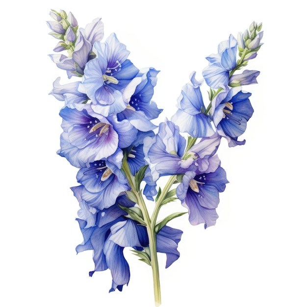 Peinture à l'aquarelle de delphinium sur fond blanc