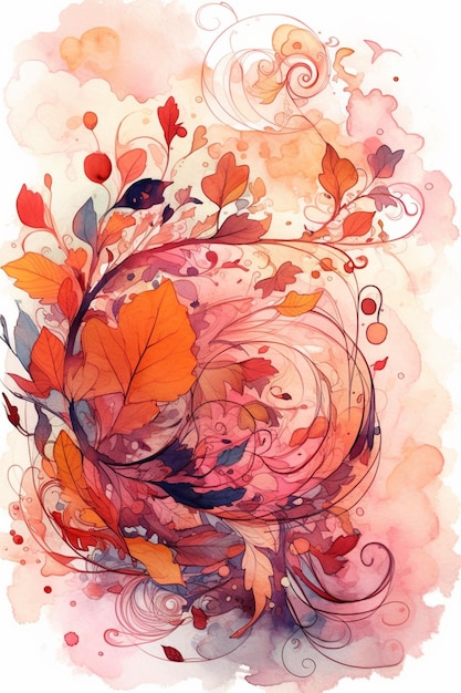 Une peinture à l'aquarelle d'un dessin de feuilles colorées.