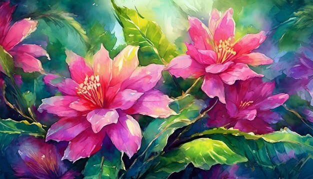 Peinture à l'aquarelle détaillée de fleurs roses vibrantes avec des feuilles vertes luxuriantes Art botanique dessiné à la main