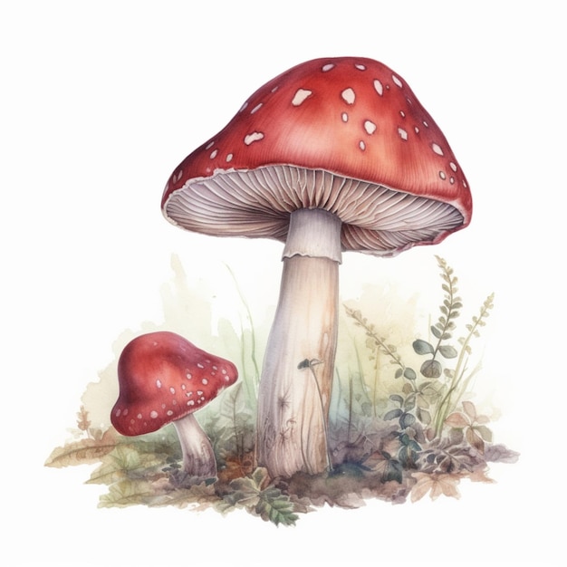 Une peinture à l'aquarelle de deux champignons avec une mouche sur le dessus.