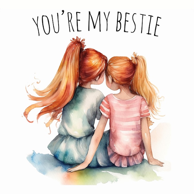 Une peinture à l'aquarelle de deux filles s'embrassant et les mots t'aime ma meilleure vie sur le devant.