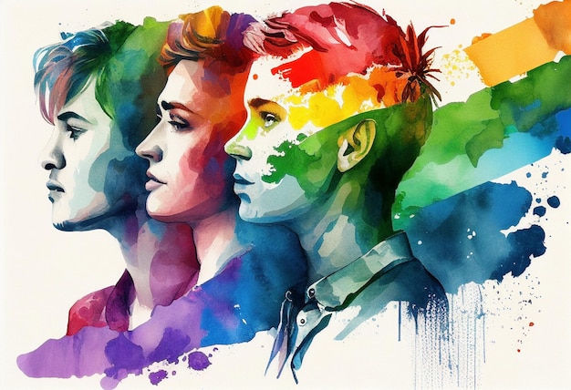 Peinture à l'aquarelle de deux hommes gais ou non binaires aux couleurs de l'arc-en-ciel pour la semaine de la fierté LBGTQ