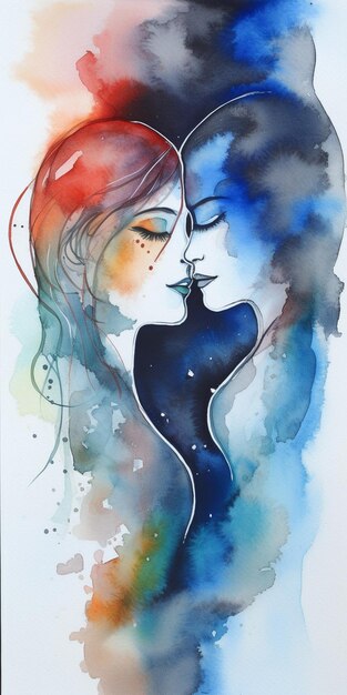 Une peinture à l'aquarelle de deux personnes, dont l'une s'appelle l'amour.