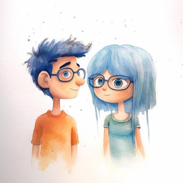 Une peinture à l'aquarelle de deux personnes avec des lunettes qui disent " dessus.