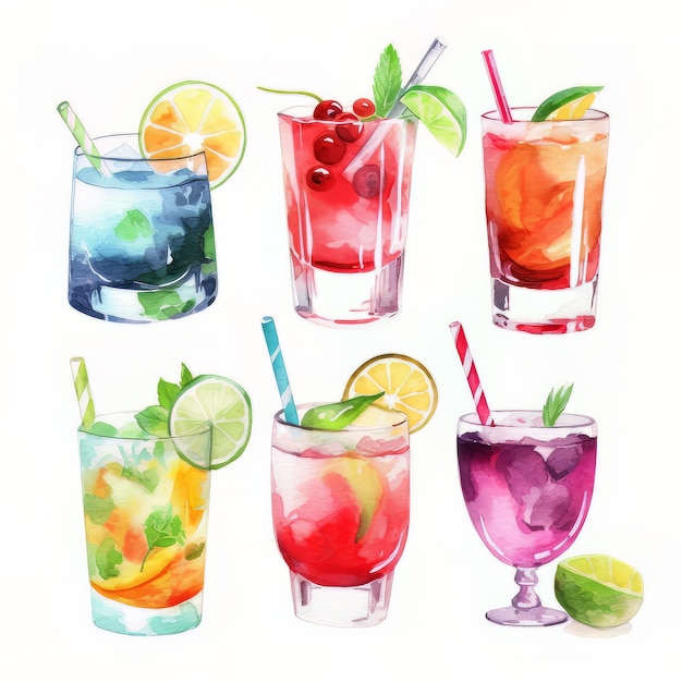 Une peinture à l'aquarelle de différents cocktails dont une paille rouge et verte.