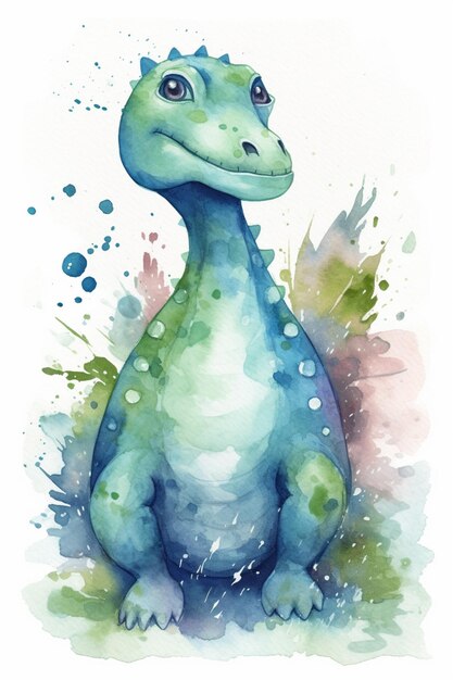 Une peinture à l'aquarelle d'un dinosaure avec un dinosaure bleu sur le dos.