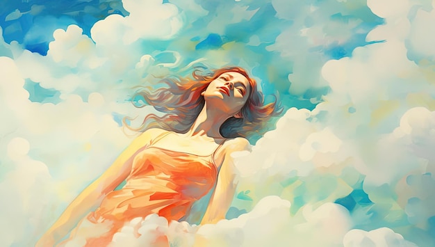 peinture à l'aquarelle du corps humain dans le ciel avec des nuages colorés dans le style des images d'animation