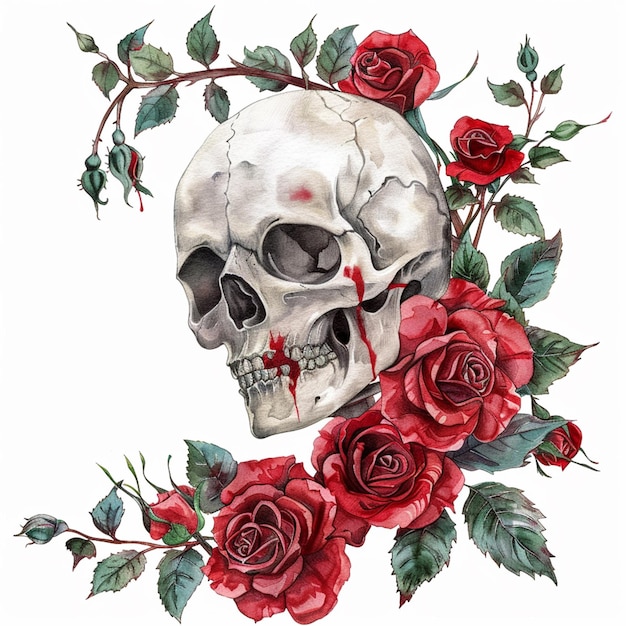 Photo peinture à l'aquarelle du crâne et des roses de l'artiste lauren generative ai