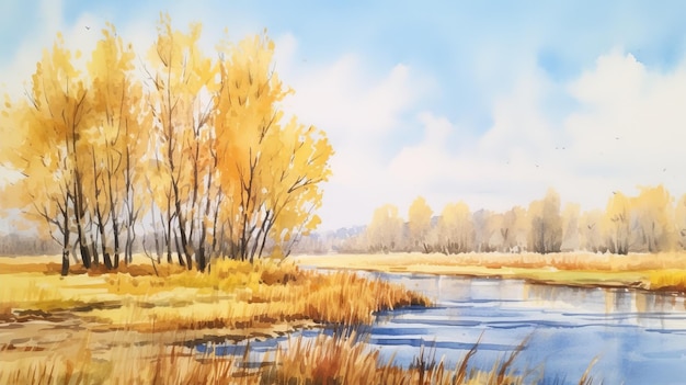 Peinture à l'aquarelle du paysage des marais Scène américaine détaillée avec des saules