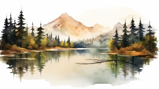 Photo peinture à l'aquarelle du paysage de novembre avec des lacs, des arbres et des montagnes