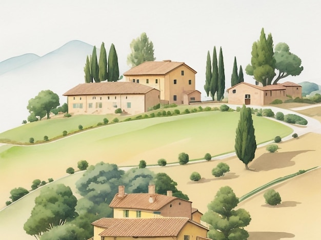 Photo peinture à l'aquarelle du paysage de la toscane, en italie